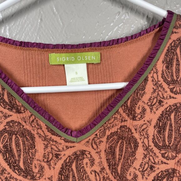 Sigrid Olsen Top Orange Paisley V Neck Neck Long Sleeve Size Small - Picture 2 of 4